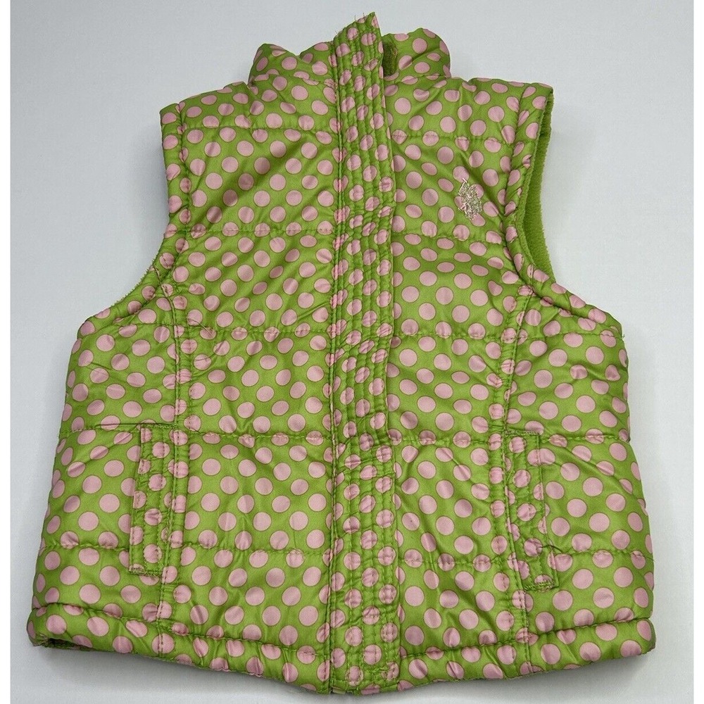 US Polo Puffer Vest Girls 24 Months Fleece Lined Lime Green Pink Polka Dot Flaw*